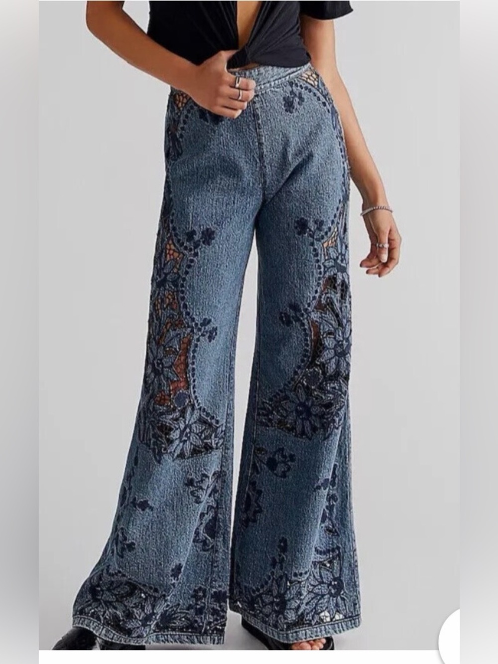 Free People Blue Embroidered Wide Leg Jeans
